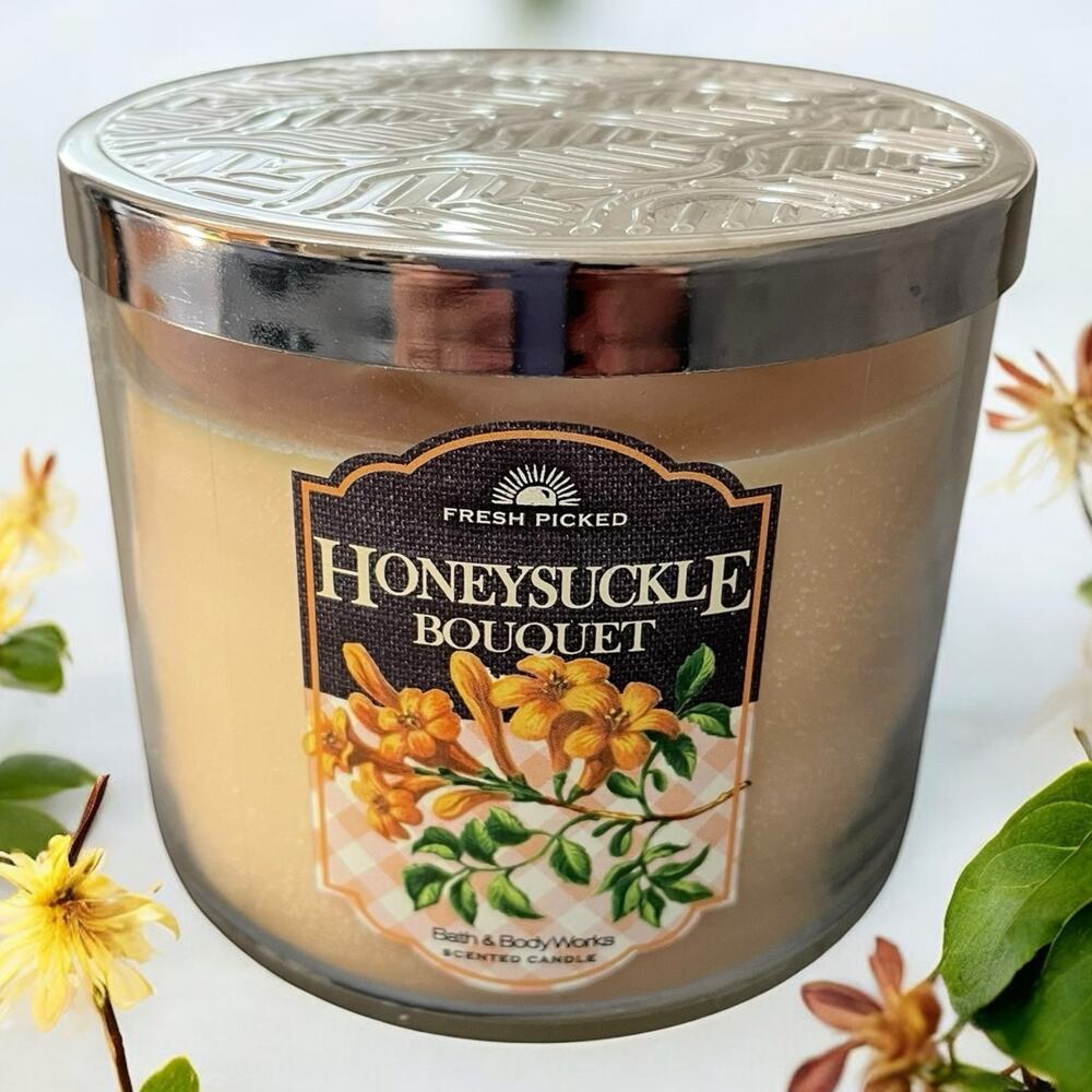 Bath & Body Works Honeysuckle Bouquet 3 Wick Candle 14.5 oz Hostess Gift Decor